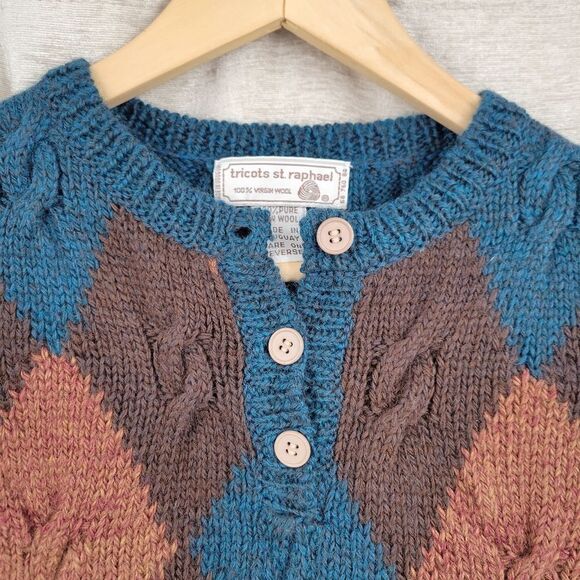 Tricots St Raphael Vintage Argyle Wool Sweater Knit Vest Women's Brown Blue - Picture 2 of 9